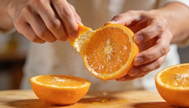 Closeup hands squeezing fresh orange half releasing juicy droplets on wooden cutting board