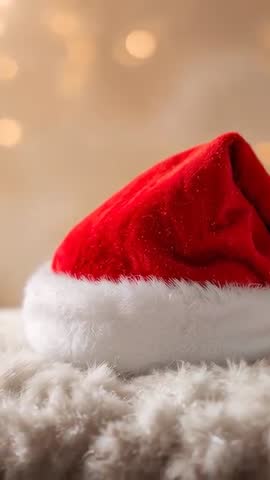 Shining Red Santa Hat Sparkling on Plush Fur Rug with Bokeh Lights, Vertical Holiday Video
