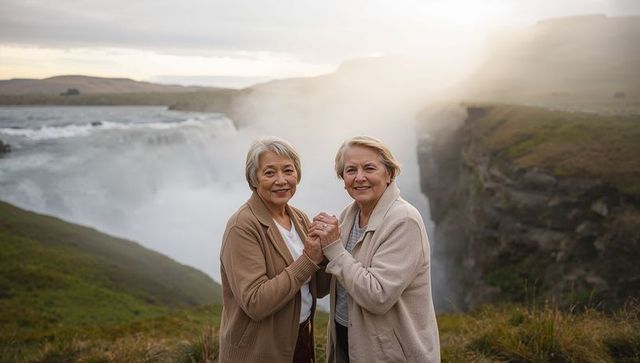 Senior women holding hands at misty waterfall cliff smiling, enjoying nature