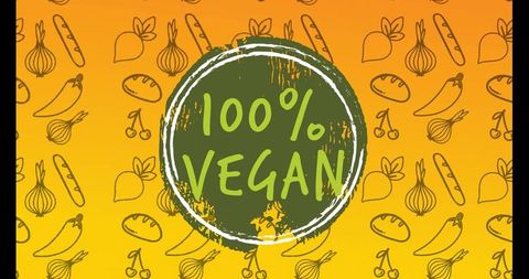 100% vegan badge on yellow gradient with hand-drawn food icons and grunge circle