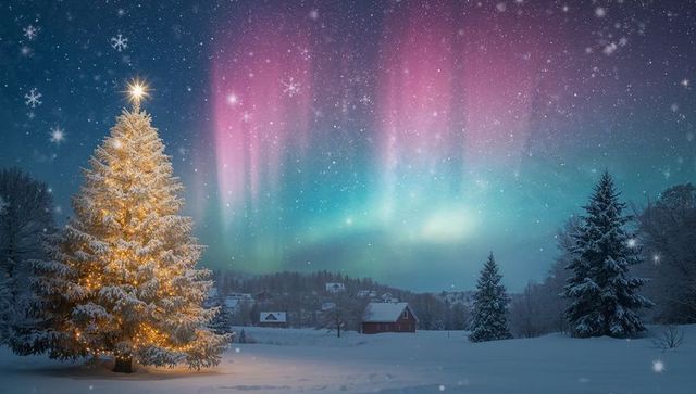 Lit Christmas Tree Glowing Over Snowy Village While Aurora Borealis Dances in Night Sky