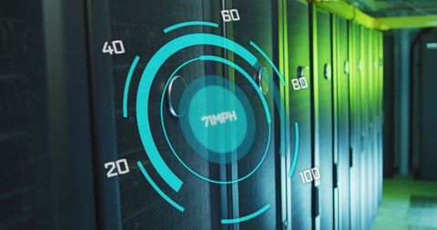 Digital speed gauge and server room in data processing concept