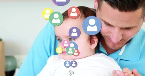 Father and baby bonding with colorful social icons