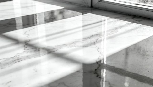 Sunlit Polished Marble Floor Reflecting Window Grid with Dramatic Linear Shadows