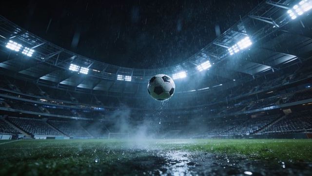 Rain-soaked soccer ball hovering over wet pitch under stadium floodlights at night
