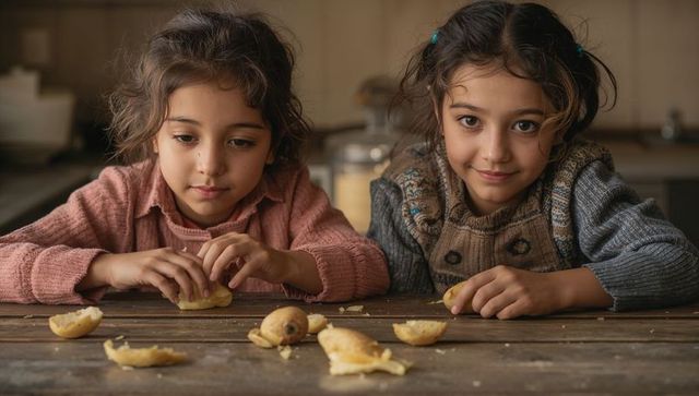 Two girls peeling mandarins at rustic kitchen table wearing knit sweaters