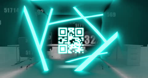 QR Code Amidst Neon Glows and Financial Data