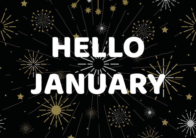 Bold 'Hello January' text surrounded by gold fireworks and stars, perfect for New Year's greetings, social media posts, and seasonal promotions.