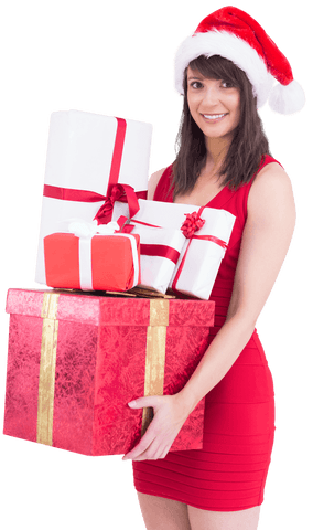 Smiling Woman with Christmas Gifts in Red Dress and Santa Hat Transparent