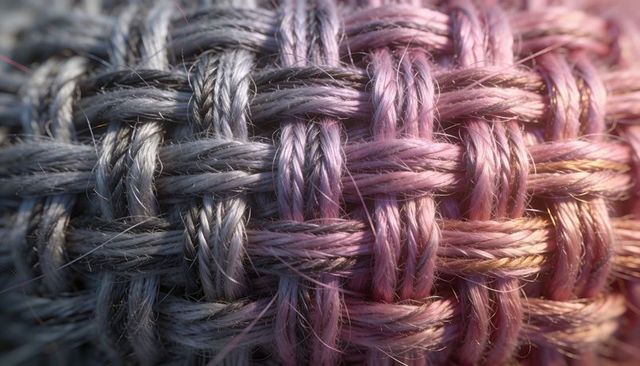 Macro braided cord texture showing iridescent gradient, woven lattice and frayed fibers