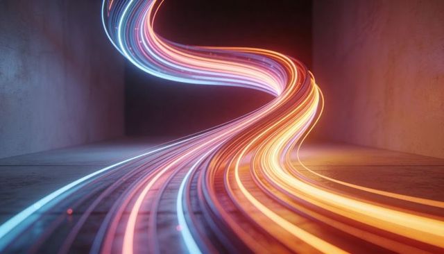 Flowing neon light ribbon curving through concrete corridor with prismatic glow and motion