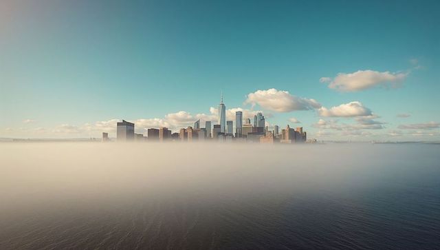 Iconic Skyscrapers Emerging Through Dense Fog Over Serene Water
