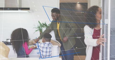 Family unpacking groceries on kitchen countertop, parents and children organizing meal prep
