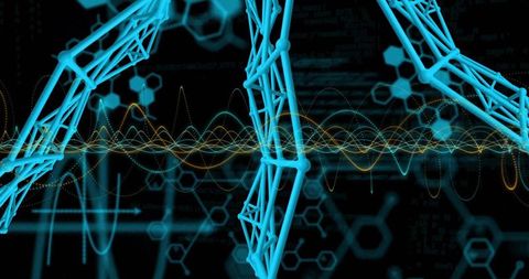 Neon 3d lattice arches with data waves and hex grid, futuristic holographic network