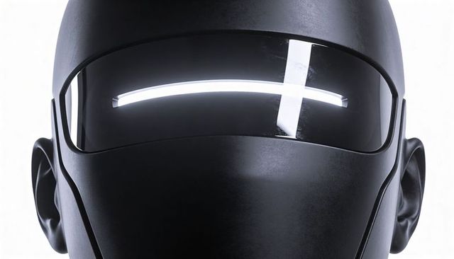 Matte black futuristic full-face helmet with glossy visor reflecting cross light minimalist