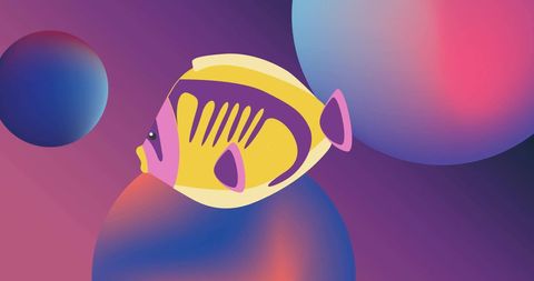 Abstract tropical fish with vibrant spheres in underwater scene