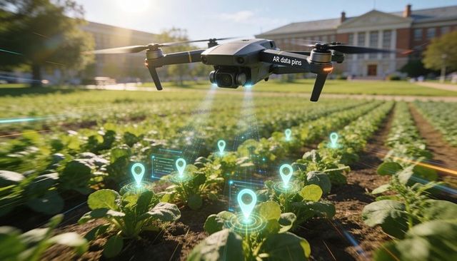 Drone scanning crops projecting ar data pins for precision agriculture research campus
