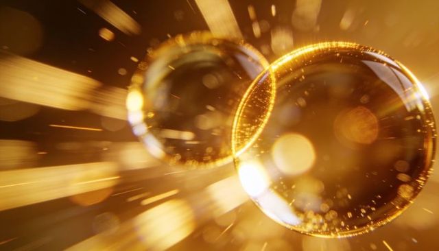 Glowing translucent golden orbs with bokeh, motion streaks and shimmering particles