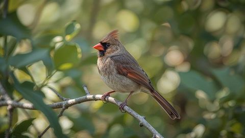 Female Northern Cardinal Perching in Lush Garden Setting