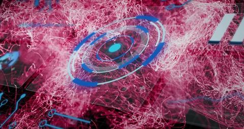 Neon holographic hud interface with magenta energy filaments and rotating blue core
