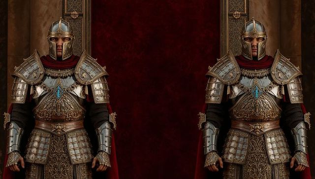Twin Ceremonial Guards Standing Vigil in Crimson Throne Hall Wearing Ornate Helmets with Blue Gems