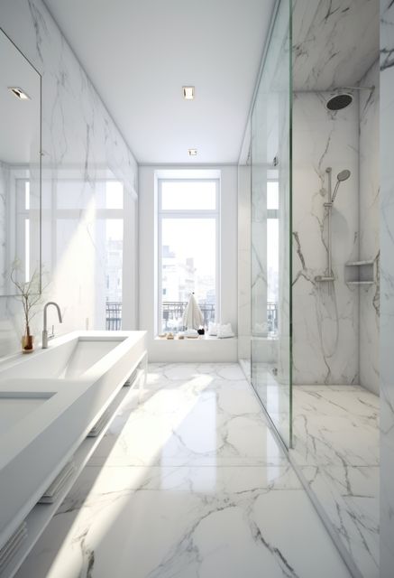 This modern bathroom with marble interior and glass shower is perfect for showcasing contemporary designs in architecture magazines, home decor websites, or interior design portfolios. Its luxurious feel and minimalist aesthetic convey a sense of elegance and sophistication, making it ideal for promotional materials in the real estate or hospitality industries.