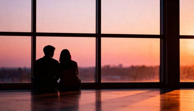 Couple Sitting by Window Watching Orange Sunset with Reflections in Minimalist Interior