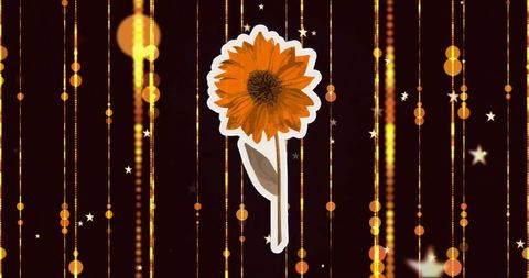 Glowing orange daisy sticker floating on maroon background with golden bokeh stars