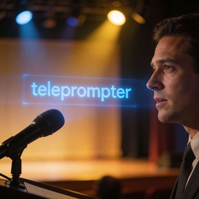 Business presenter using holographic teleprompter on stage under warm spotlights