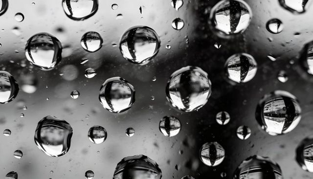 Macro water droplets refracting inverted urban cross reflections on wet glass, monochrome