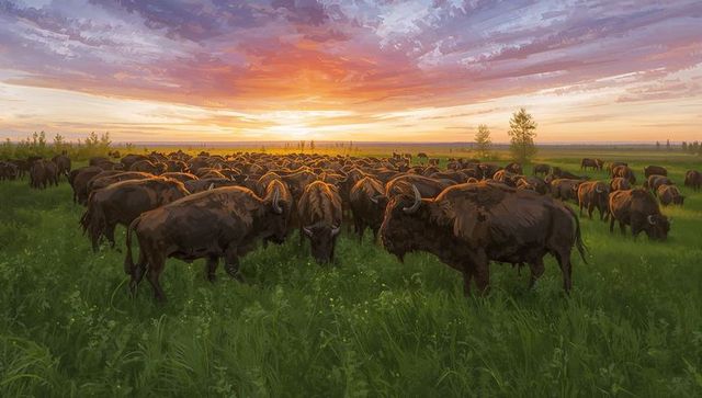 Bison herd grazing on prairie at sunset with dramatic layered clouds and golden light