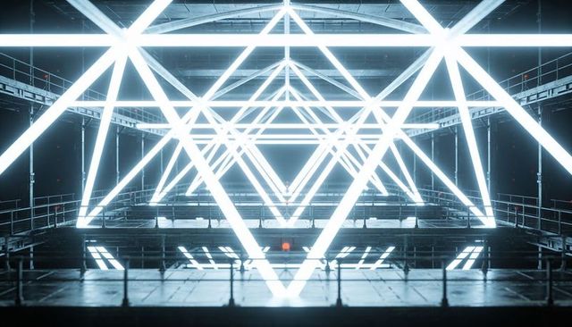 Futuristic led triangle tunnel in industrial hall with mirrored floor and symmetry