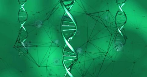 Emerald dna double helix with molecular network visualizing genomics and biotech data