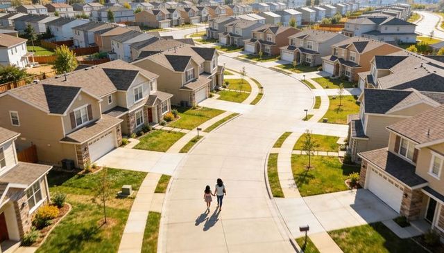 Woman and child walking holding hands on curved street in suburban neighborhood
