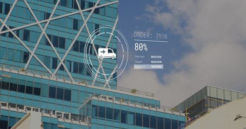 Modern Office Building with Digital Delivery Data Visualization