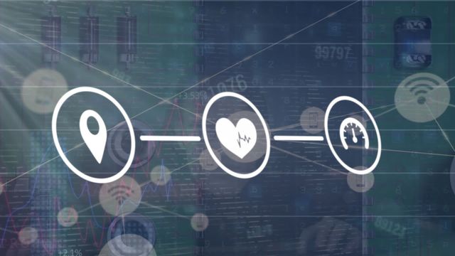 This futuristic digital rendering features various networking icons, including a location marker, heart monitor, and tachometer, connected in a seamless flow overlaid on a motherboard background. Useful for illustrating themes related to global networking, business technology, and innovative data systems in presentations or tech websites.