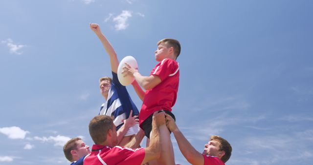 Rugby Players Competing for Ball in Sky - Download Free Stock Images Pikwizard.com