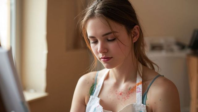 Young woman painting at easel in sunlit studio, close-up portrait of creative artist