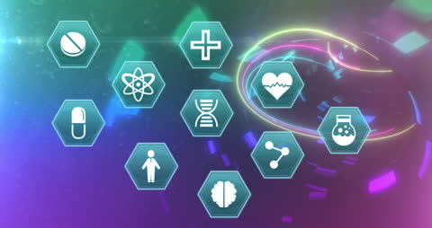Digital Medical Icons Spinning Over Abstract Tech Background