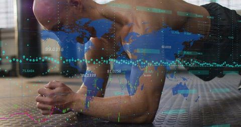 Male athlete doing forearm plank with global data visualization overlay, fitness analytics