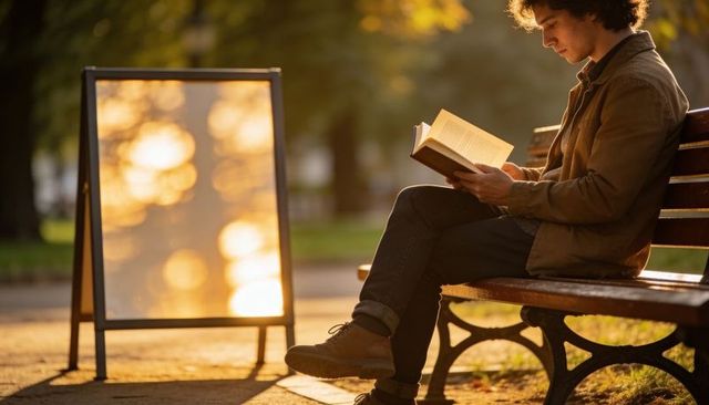 Young man reading paperback on bench during golden hour in autumn park