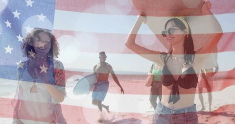 Diverse Friends Enjoying Beach Day with USA Flag Overlay
