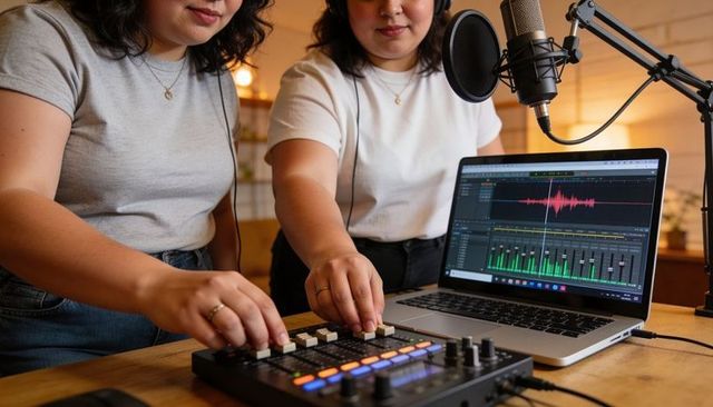 Two asian podcasters mixing and recording in home studio using laptop daw and microphone