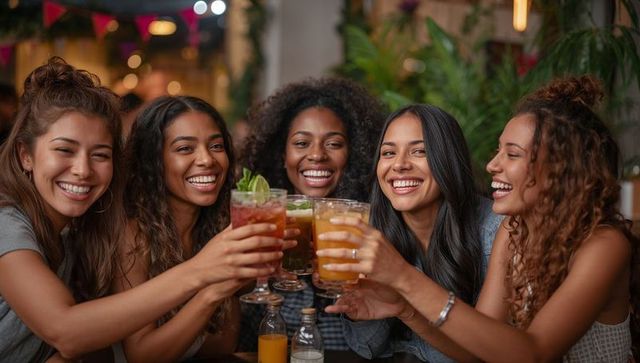Young women toasting cocktails at tropical bar, laughing and celebrating friendship