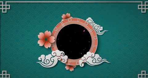 Circular festive decoration with floral and cloud motifs