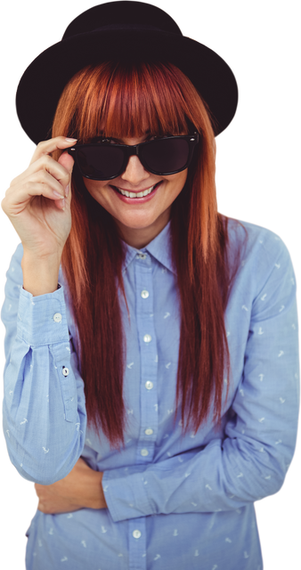 Transparent Background Smiling Hipster Woman with Red Hair in Hat and Sunglasses - Download Free Stock Videos Pikwizard.com