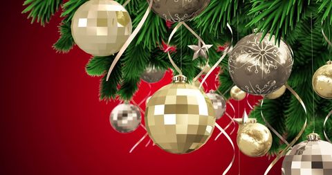 Festive Christmas Tree with Golden Baubles on Red Background - Download Free Stock Images Pikwizard.com