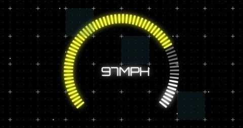 Futuristic Neon HUD Speed Gauge Displaying 97MPH Segmented Arc Dashboard Interface Glow