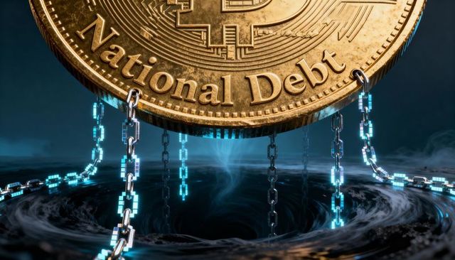 Gold bitcoin national debt coin hovering over dark vortex with glowing blockchain chains