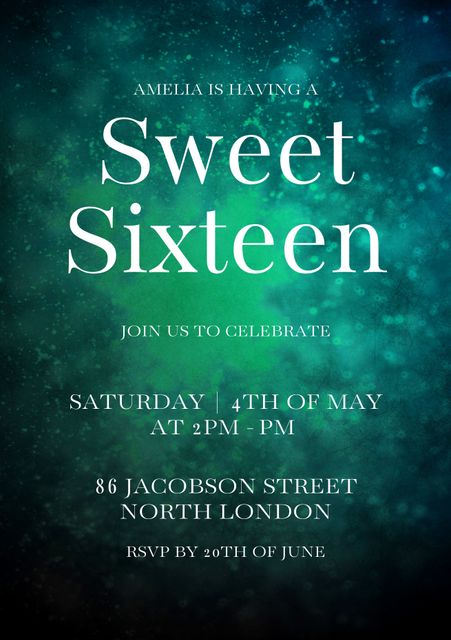 Sweet Sixteen invitation features a green background with light spots. Ideal for teen birthday party invites, adding an elegant touch to milestone celebrations. Useful for designing custom invitations, party details cards, and event promotions.